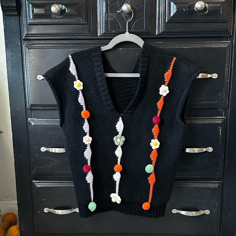 Black Knit Vest with Colorful Pom Pom Accents